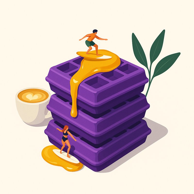 purple-waffles-about-800 Surfers on purple waffles with syrup